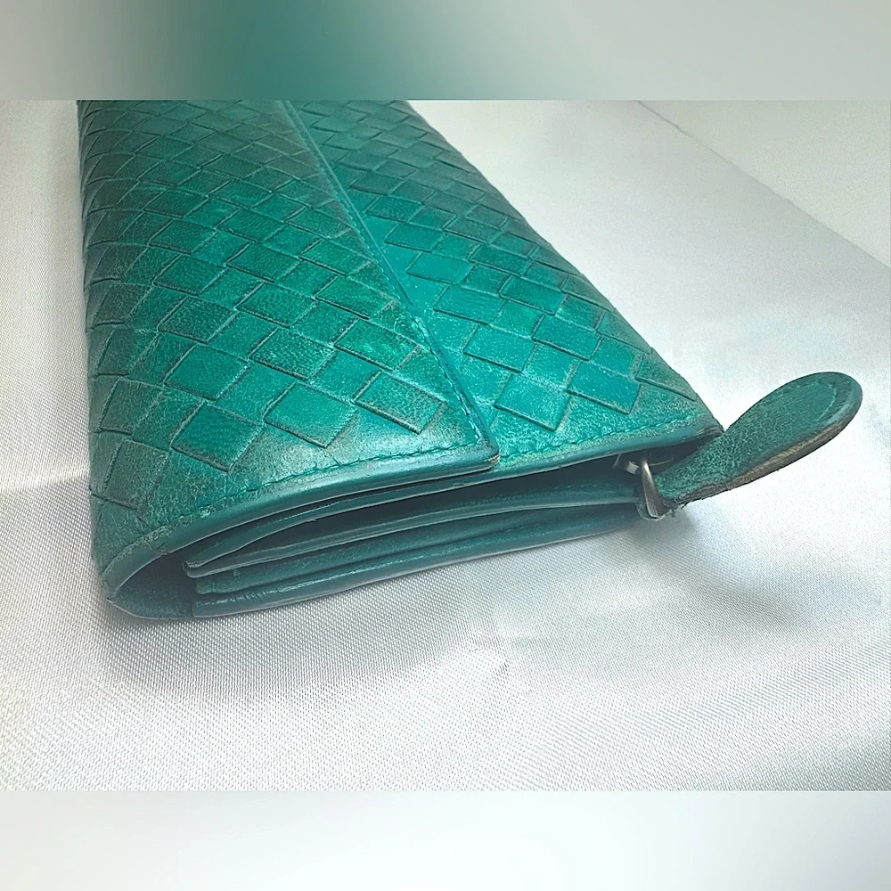Bottega Veneta Intrecciato Leather Long Wallet Teal Vintage Color Made in Italy - Picture 5 of 14